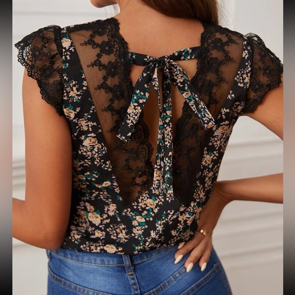 Boho Floral Print Lace Top Blouse shirt - Picture 1 of 8